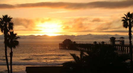pier at sunset with palm treesの写真素材