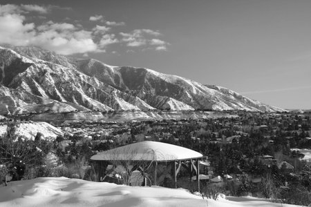 mountain range with snow in black and whiteの写真素材