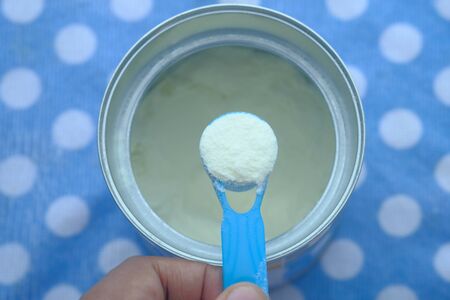 Top view of baby milk powder on tableの写真素材