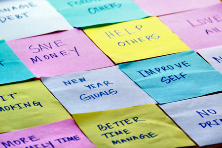 new year goals written on notepad , close up .