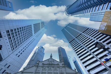 low angle view of singapore financial buildings .の写真素材