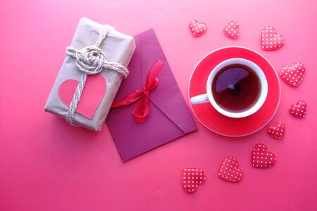 valentine day gift with envelope and tea, closeup.の写真素材