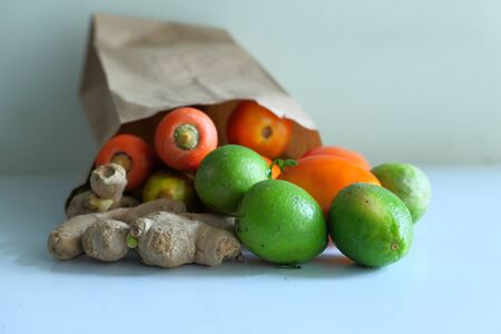 fresh vegetables in a shopping bag, close up .の写真素材
