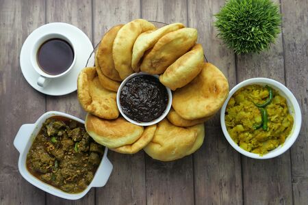 top view of indian curry food on tableの写真素材