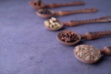 Close up of cooking ingredient and herbs on spoonの写真素材