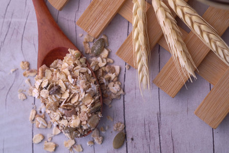 top view of oats on spoon on table