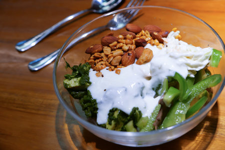 Close up of salad and nut in a bowlの写真素材