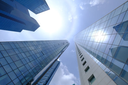 low angle view of singapore financial buildings.
