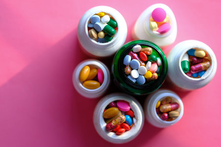 top view of pills and capsule in a contianerの写真素材