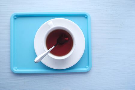 top view of tea for morning breakfast on tableの写真素材