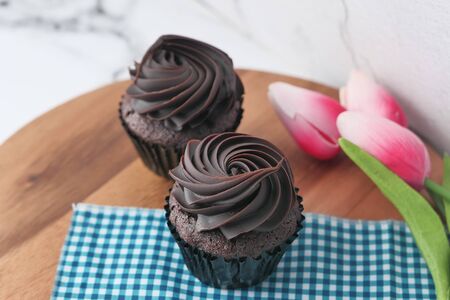 close up of fresh and homemade cup cake on table.の写真素材