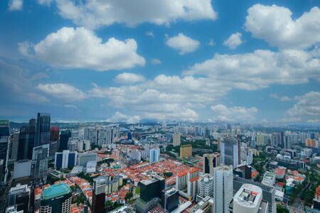 high angle view of singapore financial buildings at morningの写真素材