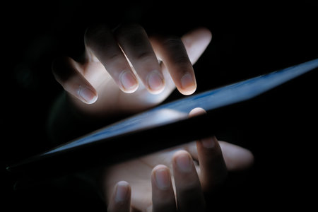 hacker stealing data from digital tablet , closeup .