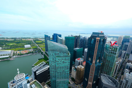 high angle view of singapore financial buildings at morningの写真素材
