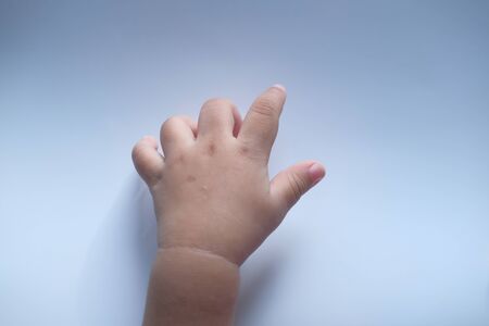 Close up of baby hand on white background.の写真素材