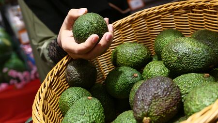 Close up of women hand buying avocado from shopの写真素材