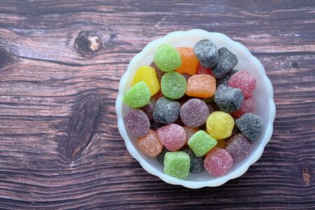top view of colorful chocolate in a jarの写真素材