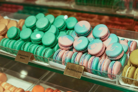 close up of color macaroon display for saleの写真素材