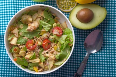 salad with broccoli, tomato, sweet pepper, red onion, Top view, bannerの写真素材