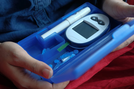 Close up of women hand measuring diabetic.