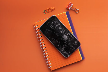 top view of broken smart phone on orange background