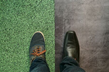 Taking decisions for the future man standing with many direction arrow choices, left, right or move forwardの写真素材