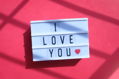 I love you text on light box sign on color background