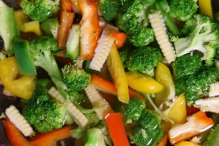salad with broccoli, tomato, sweet pepper, red onion, Top view, bannerの写真素材