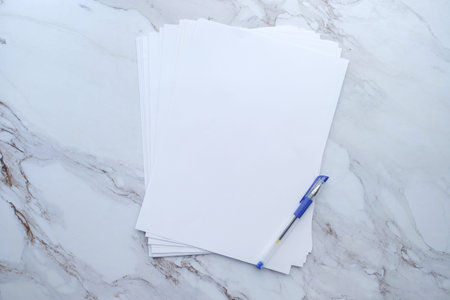 Blank sheet of paper and pen on bright wooden office desk.