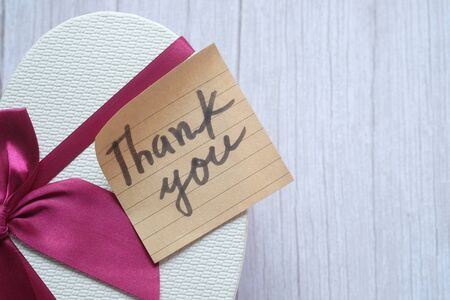 top view of thank you message on heart shape gift boxの写真素材