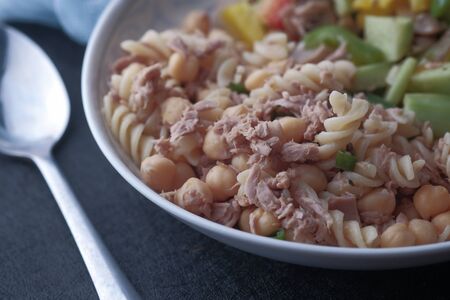 Close up of pasta on plate on tableの写真素材