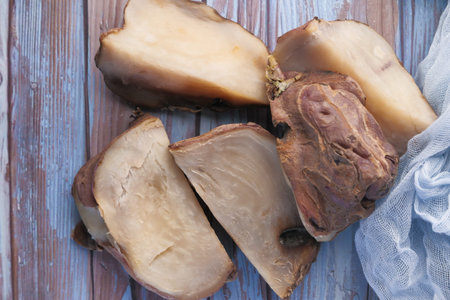 Slice of boiled Sweet potato on table
