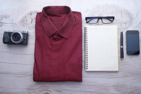 Travel accessories set on white background , top viewの写真素材