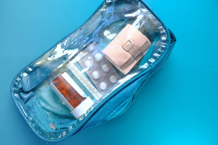pills, blister pack and contianer in a small medicine bagの写真素材