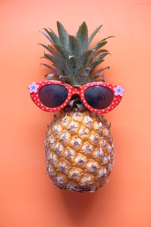 Funny pineapple with sunglasses, close up,の写真素材