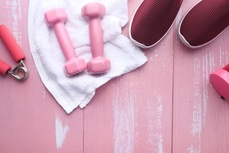 top view of dumbbell, shoe and water bottle on pink backgroundの写真素材