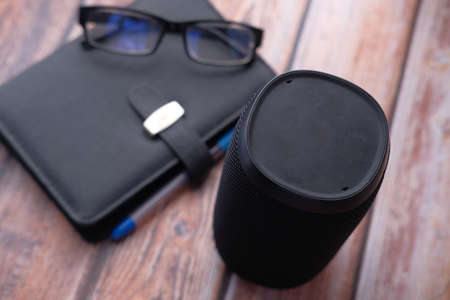 smart speaker and keyboard with copy space on white backgroundの写真素材