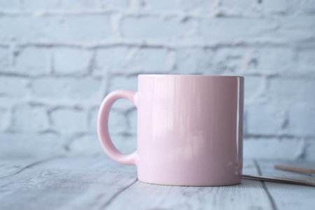 Close up of pink color coffee cup on table