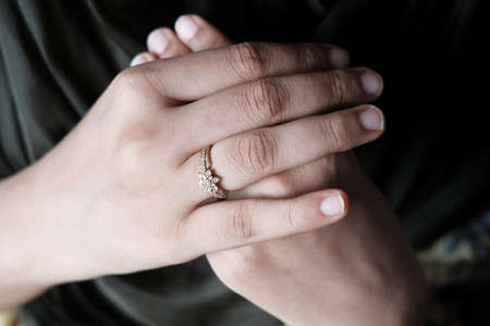Woman hand with engagement ring, close upの写真素材