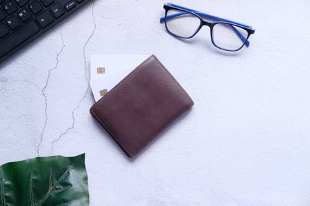 close up of credit cards in a wallet on white backgroundの写真素材