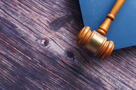 Top view of gavel on a book with copy spaceの写真素材