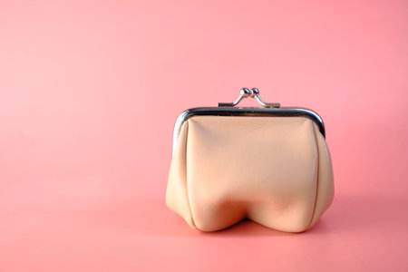 small women purse wallet on pink background , close up.