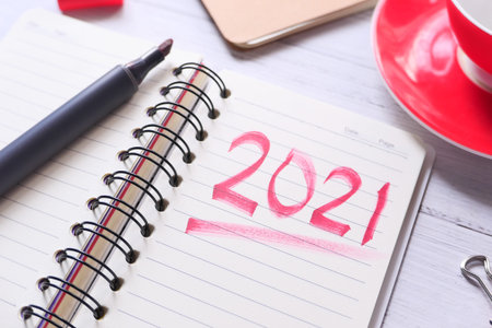 top view of new year goals text on notepad.