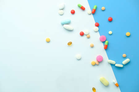 Close up of many colorful pills and capsulesの写真素材