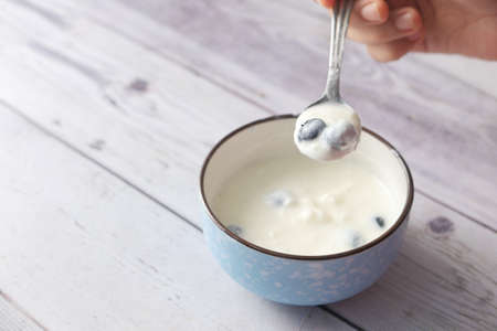 close up of fresh yogurt with blue berry in a bowlの写真素材