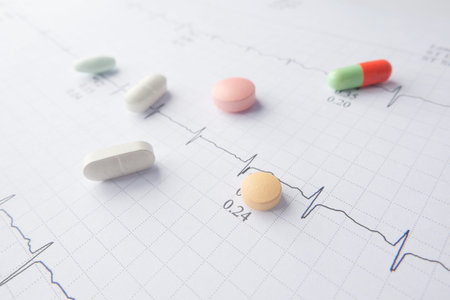 prescription medical pills on a cardio diagram.