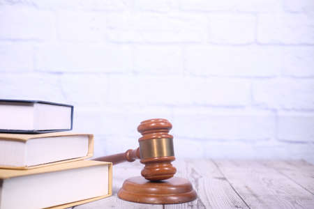 gavel and book with copy space on tableの写真素材