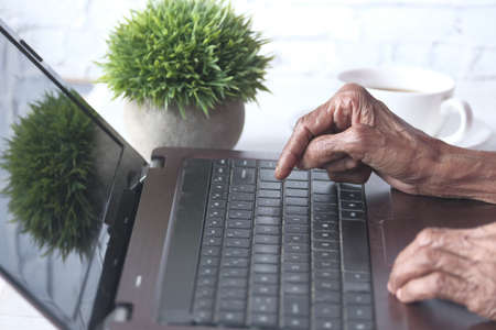 senior womens hand typing on laptop.の写真素材