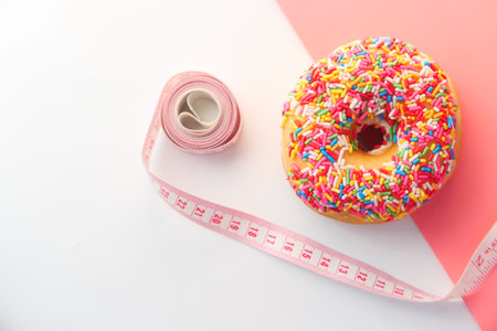 Close up of donuts and measurement tape on pink background.の写真素材
