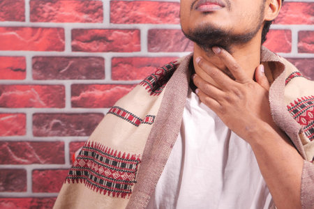 unrecognized man suffering throat pain close up